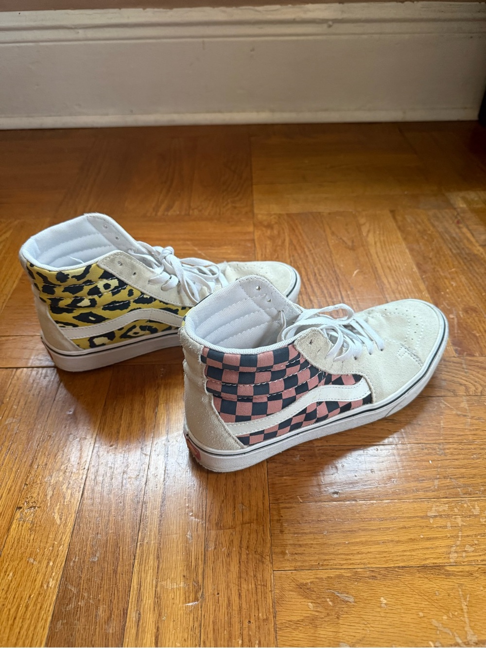 Vans ComfyCush Sk8-hi, Cream, Pink Checker, and Yellow Leopard